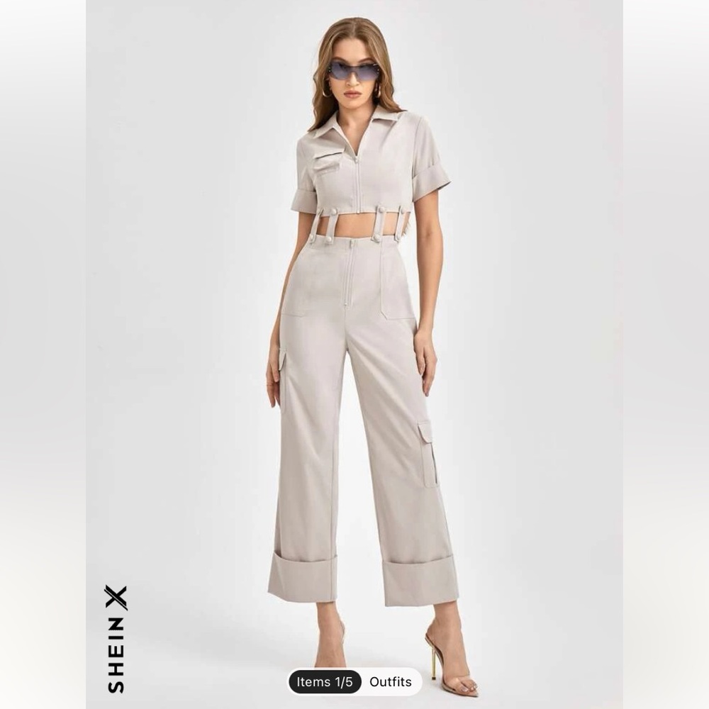 SHEIN X Cayetano Zip Front Cuffed Sleeve Cutout Shirt Jumpsuit